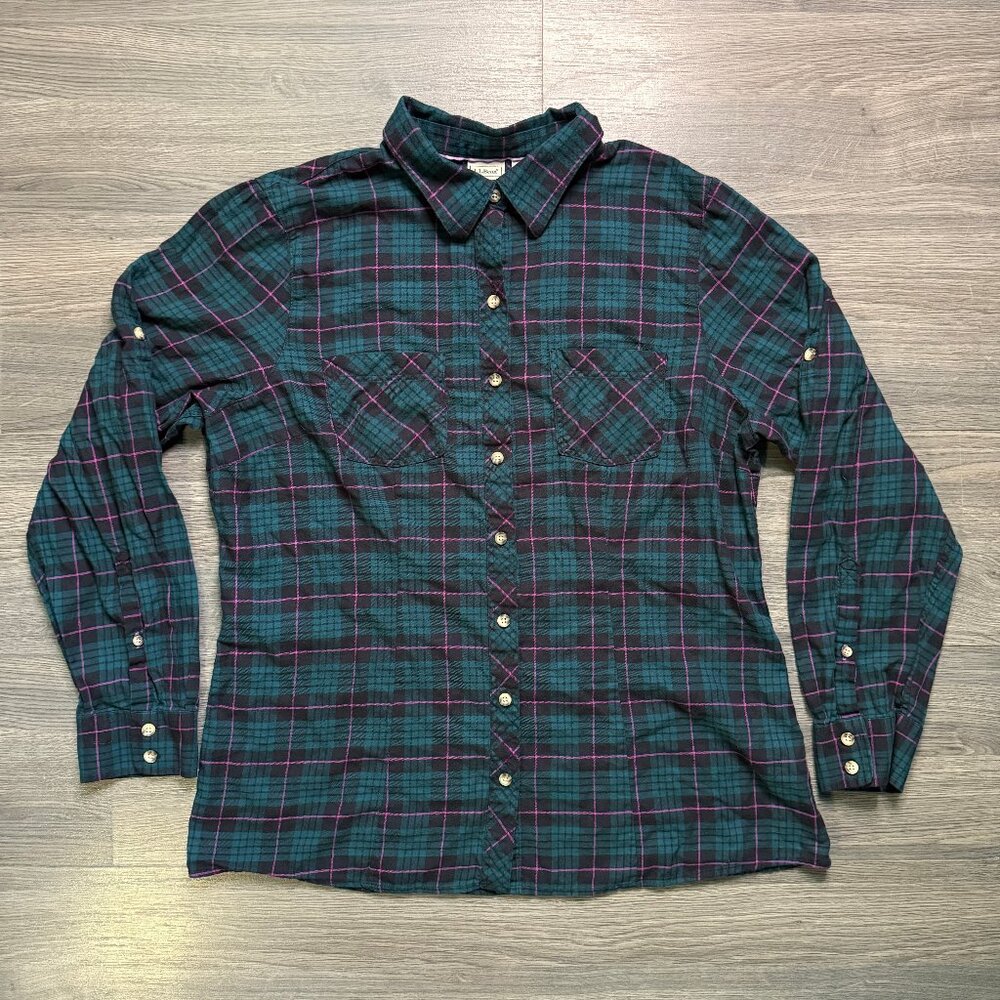 L.L. Bean Women's Lightweight Plaid Flannel Shirt - Teal/Pink
